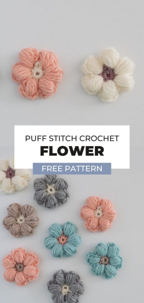 Crochet puff flowers with teal, peach, gray, and tan yarn