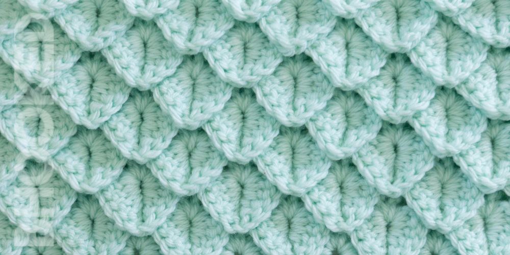 Crochet crocodile stitch up close in light green yarn