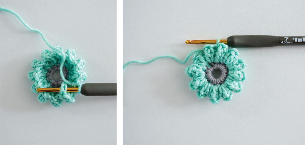 Join to the chain three for round 2 in the granny square flower