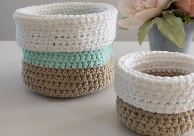 Two crochet baskets made from cotton yarn