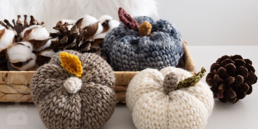 Cream, taupe and blue crochet pumpkins