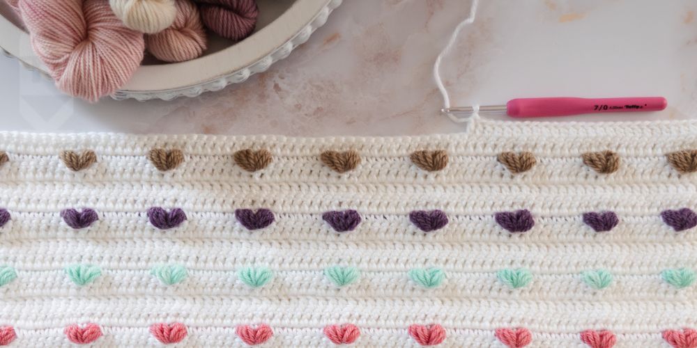Colorful crochet Heart Stitch with Puff Stitches