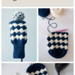 Set of blue and cream crochet golf club covers with a pom-pom, shown in a collage.